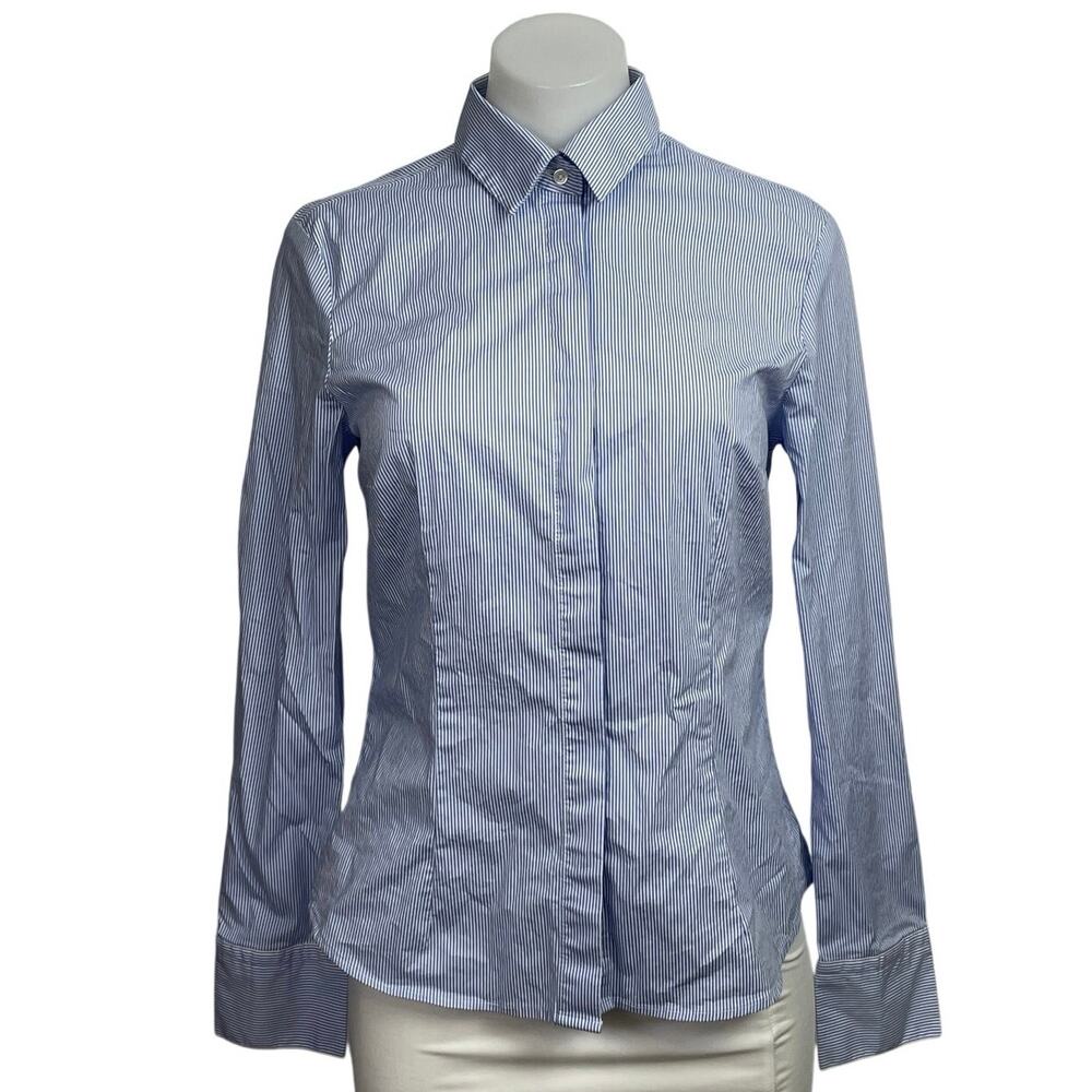 MNG Mango Women's Blue Slim Fit Stripe Long Sleeve Button Down Shirt Top Size 4